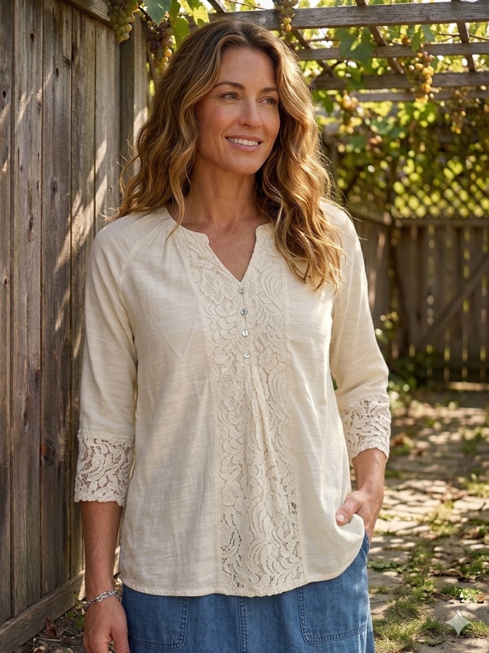 Lace-Trim Cream V-Neck Henley Blouse